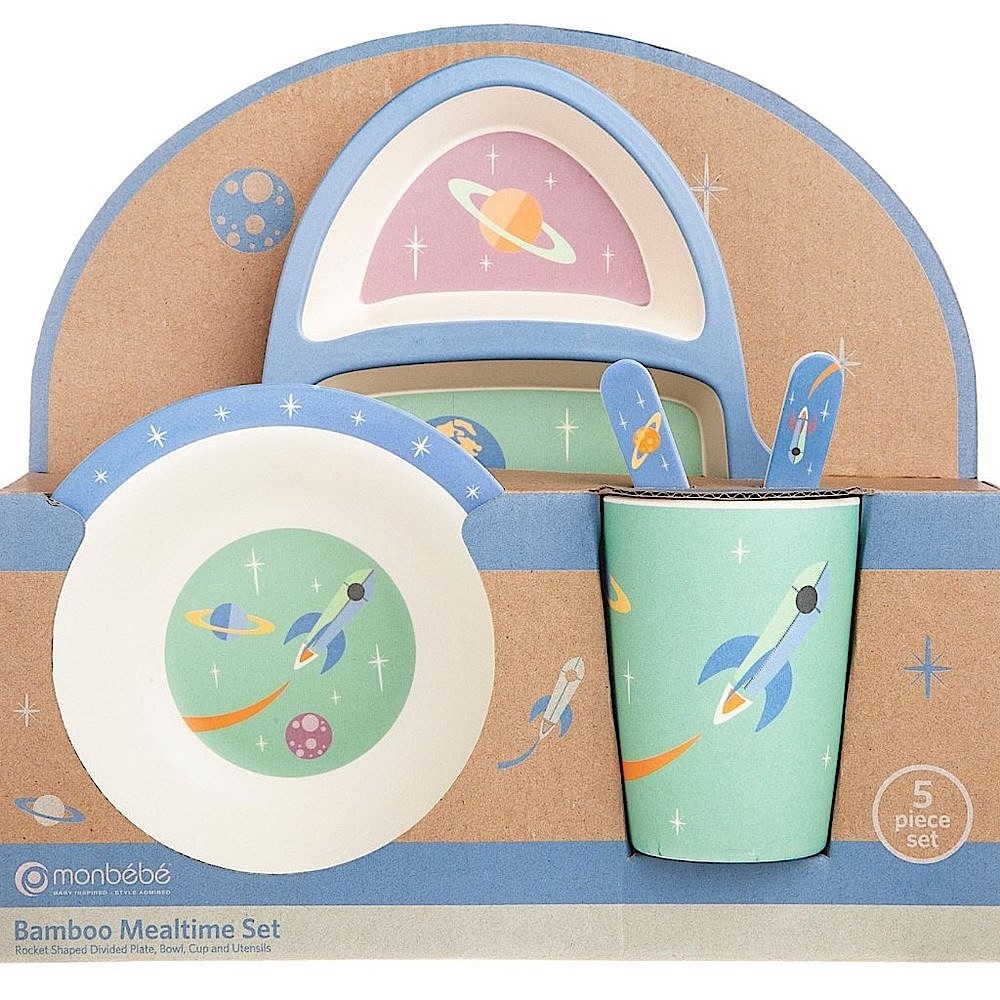 Kids Bamboo Space Mealtime 5 Piece Set Plate Cup Bowl Plate Spoon Fork NEW